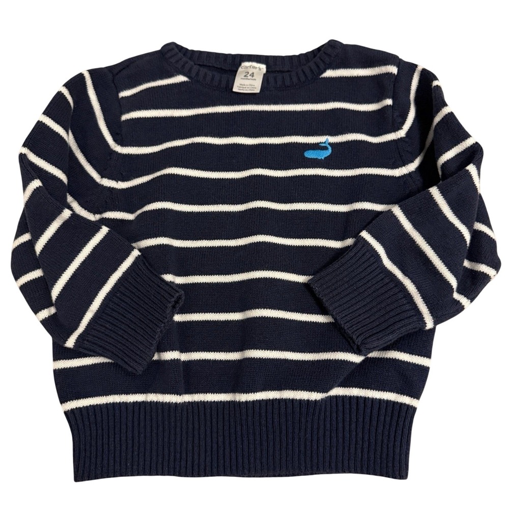 Carter's Knit Sweater Kids 24M Navy Blue White Striped Whale Pullover‎ Nautical